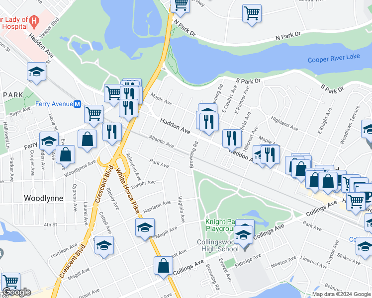 map of restaurants, bars, coffee shops, grocery stores, and more near 250 Atlantic Avenue in Collingswood