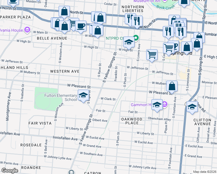 map of restaurants, bars, coffee shops, grocery stores, and more near 510 West Pleasant Street in Springfield