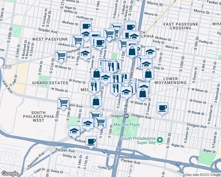 map of restaurants, bars, coffee shops, grocery stores, and more near 1529 West Porter Street in Philadelphia
