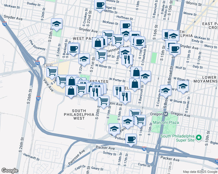 map of restaurants, bars, coffee shops, grocery stores, and more near 2521 South Garnet Street in Philadelphia