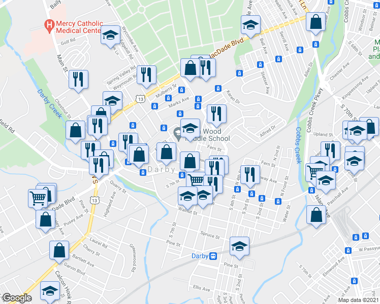 map of restaurants, bars, coffee shops, grocery stores, and more near 709 Greenway Avenue in Darby