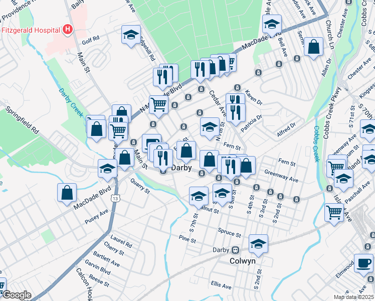 map of restaurants, bars, coffee shops, grocery stores, and more near 116 Whitely Terrace in Darby