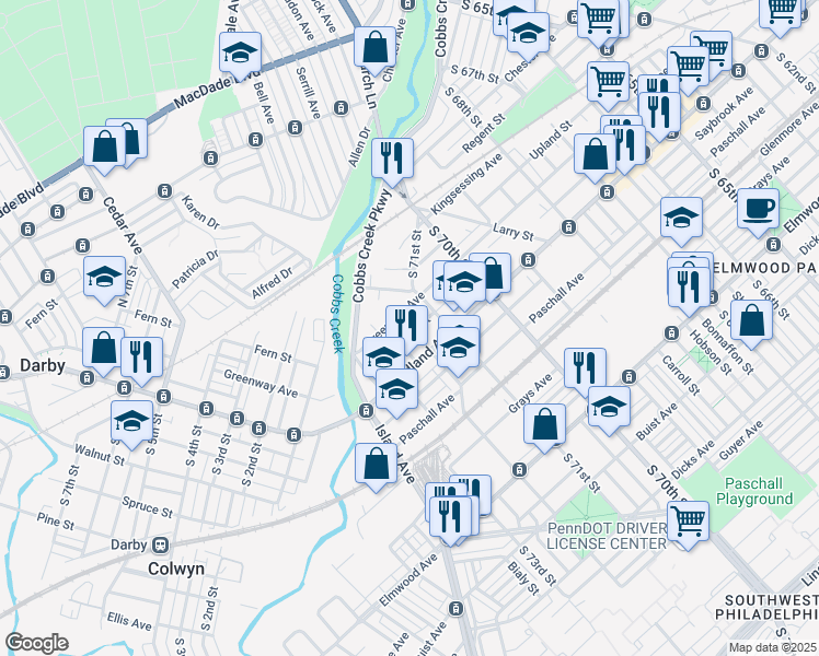 map of restaurants, bars, coffee shops, grocery stores, and more near 7129 Yocum Street in Philadelphia