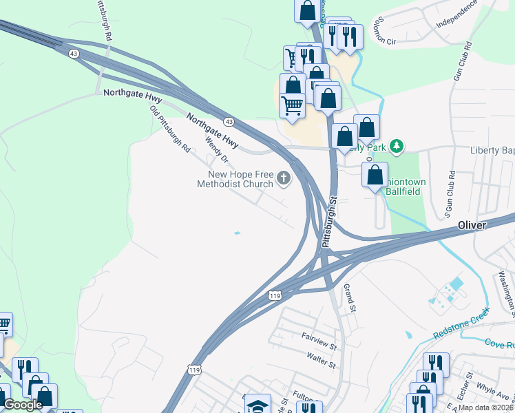 map of restaurants, bars, coffee shops, grocery stores, and more near 243 Old Pittsburgh Rd in Uniontown