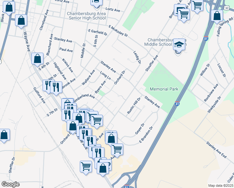 map of restaurants, bars, coffee shops, grocery stores, and more near 201 Apple Blossom Way in Chambersburg