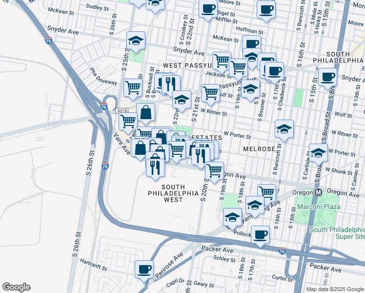 map of restaurants, bars, coffee shops, grocery stores, and more near 2112 West Shunk Street in Philadelphia