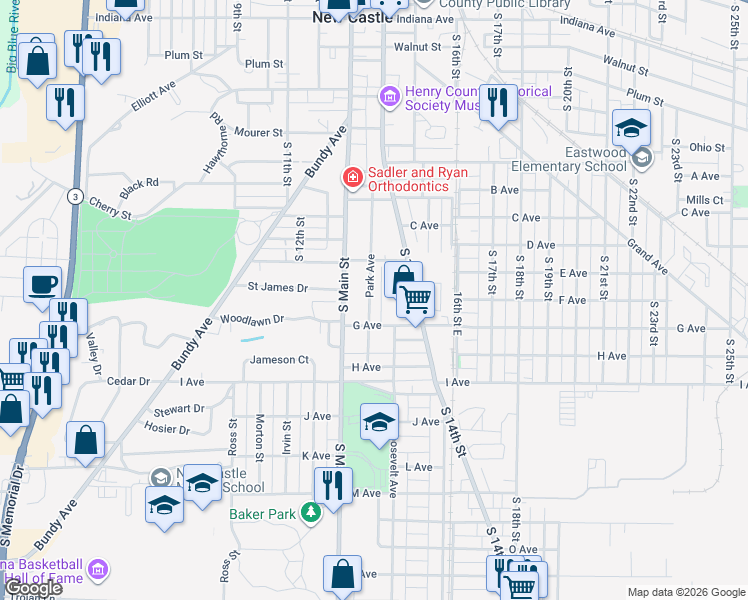 map of restaurants, bars, coffee shops, grocery stores, and more near 328 Park Avenue in New Castle