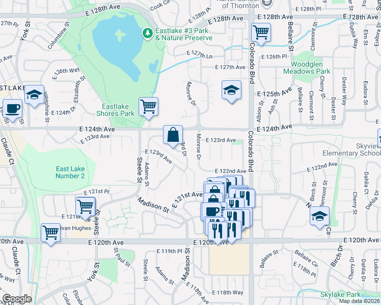 map of restaurants, bars, coffee shops, grocery stores, and more near 3440 East 123rd Drive in Thornton
