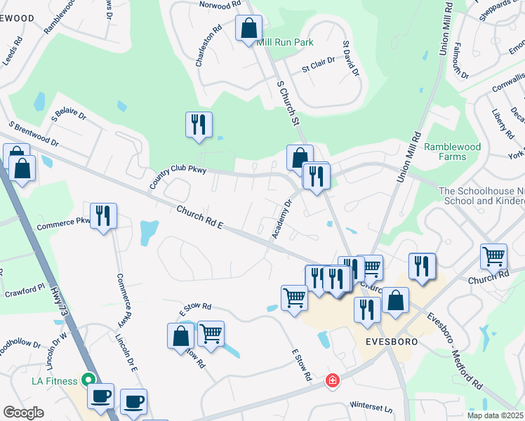 map of restaurants, bars, coffee shops, grocery stores, and more near 106B Mulberry Cove in Mount Laurel