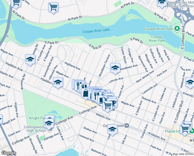 map of restaurants, bars, coffee shops, grocery stores, and more near 210 Woodlawn Avenue in Collingswood
