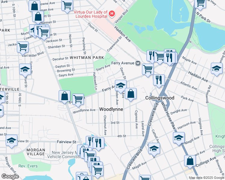map of restaurants, bars, coffee shops, grocery stores, and more near 105 Cooper Avenue in Woodlynne