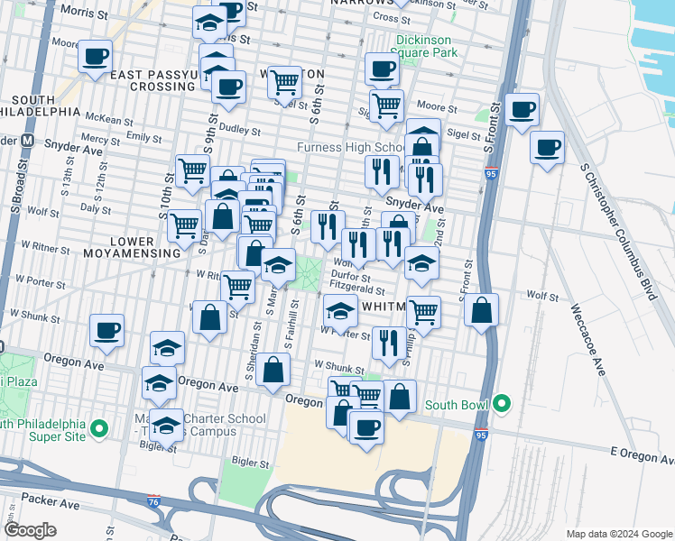 map of restaurants, bars, coffee shops, grocery stores, and more near 433 Durfor Street in Philadelphia