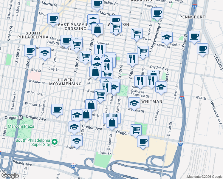 map of restaurants, bars, coffee shops, grocery stores, and more near 2400 South 6th Street in Philadelphia