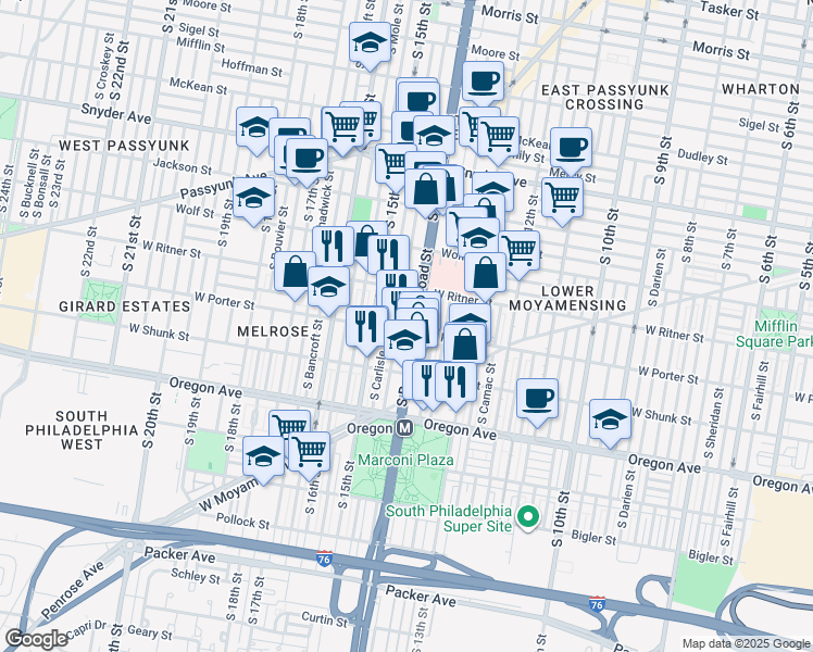 map of restaurants, bars, coffee shops, grocery stores, and more near 2407 South Broad Street in Philadelphia