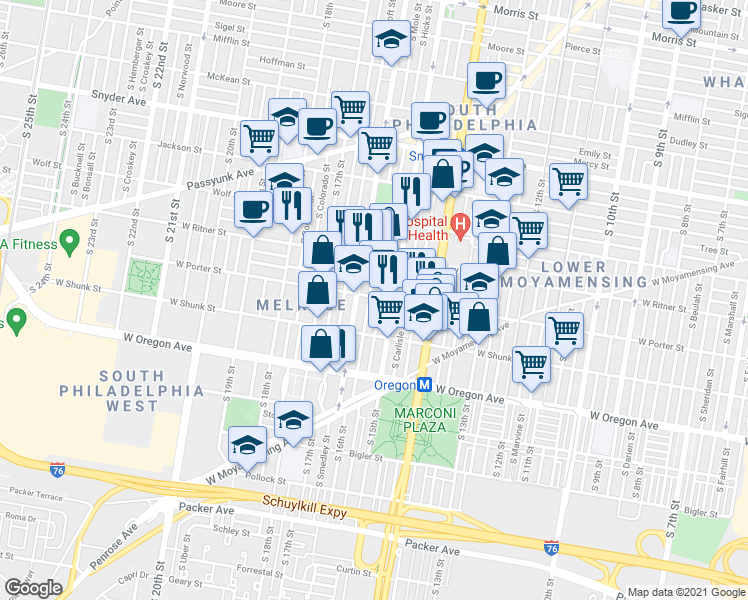 map of restaurants, bars, coffee shops, grocery stores, and more near in Philadelphia