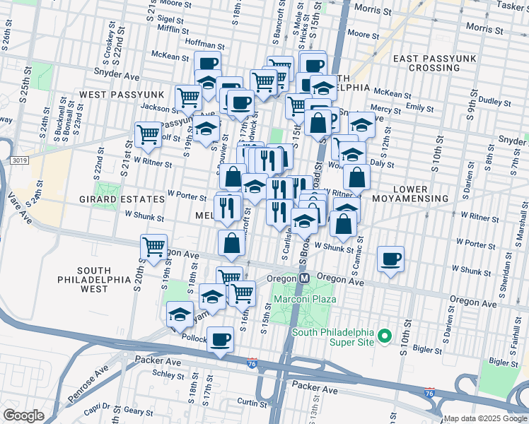 map of restaurants, bars, coffee shops, grocery stores, and more near in Philadelphia