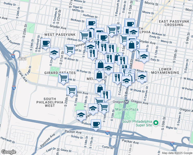 map of restaurants, bars, coffee shops, grocery stores, and more near 2519 South 17th Street in Philadelphia