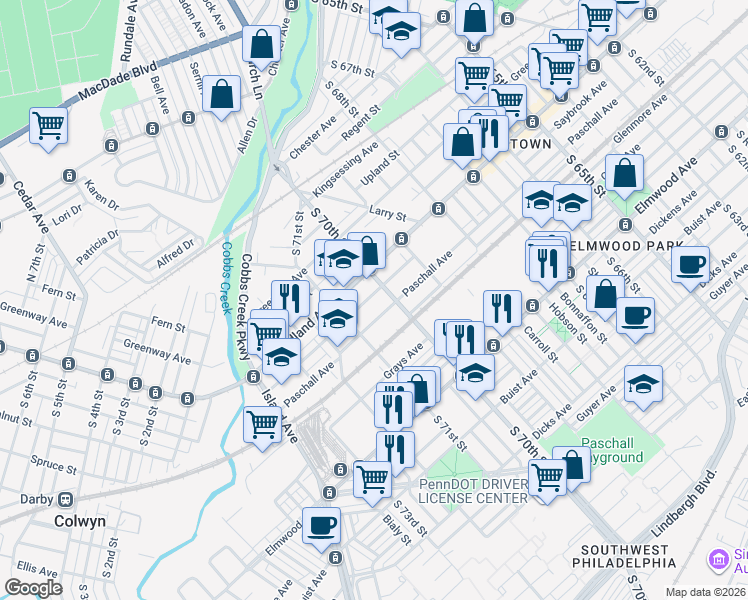 map of restaurants, bars, coffee shops, grocery stores, and more near 7030 Saybrook Avenue in Philadelphia