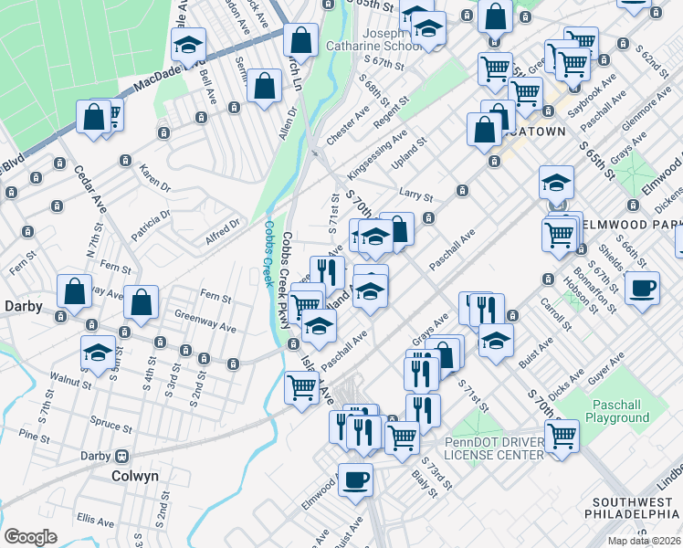 map of restaurants, bars, coffee shops, grocery stores, and more near 7129 Yocum Street in Philadelphia