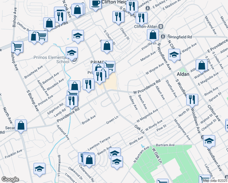 map of restaurants, bars, coffee shops, grocery stores, and more near 628 West Providence Road in Aldan