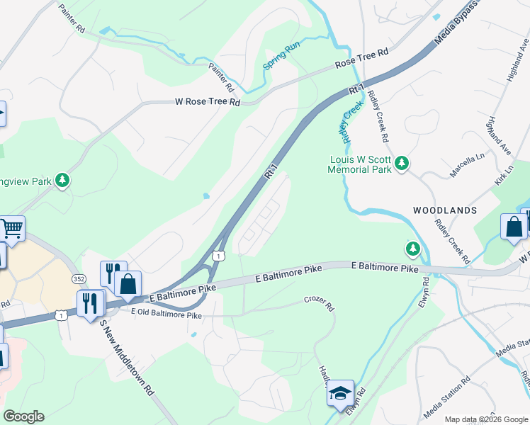 map of restaurants, bars, coffee shops, grocery stores, and more near 34 Skylar Circle in Media