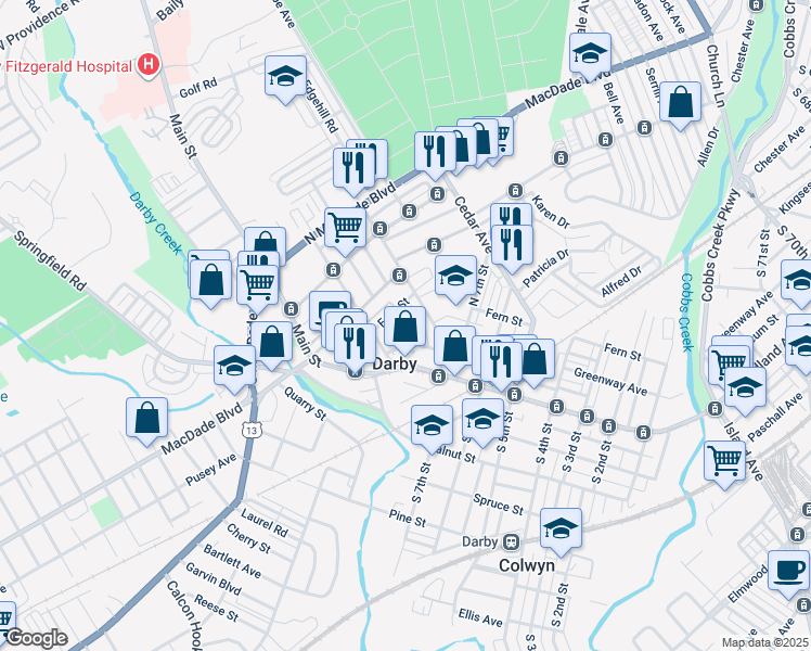 map of restaurants, bars, coffee shops, grocery stores, and more near 116 Whitely Terrace in Darby