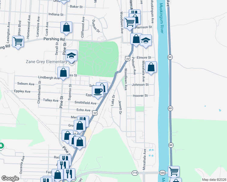 map of restaurants, bars, coffee shops, grocery stores, and more near 1215 Lake Drive in Zanesville
