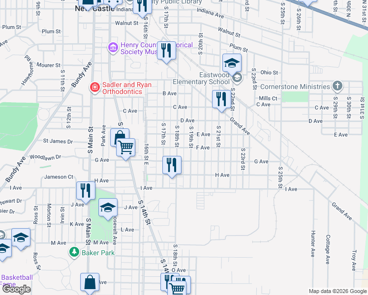 map of restaurants, bars, coffee shops, grocery stores, and more near 1851 F Avenue in New Castle