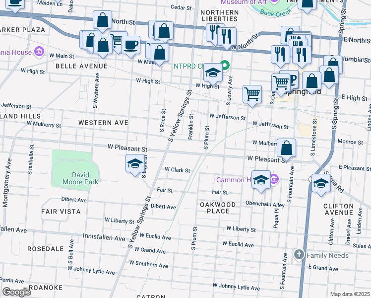 map of restaurants, bars, coffee shops, grocery stores, and more near 510 West Pleasant Street in Springfield
