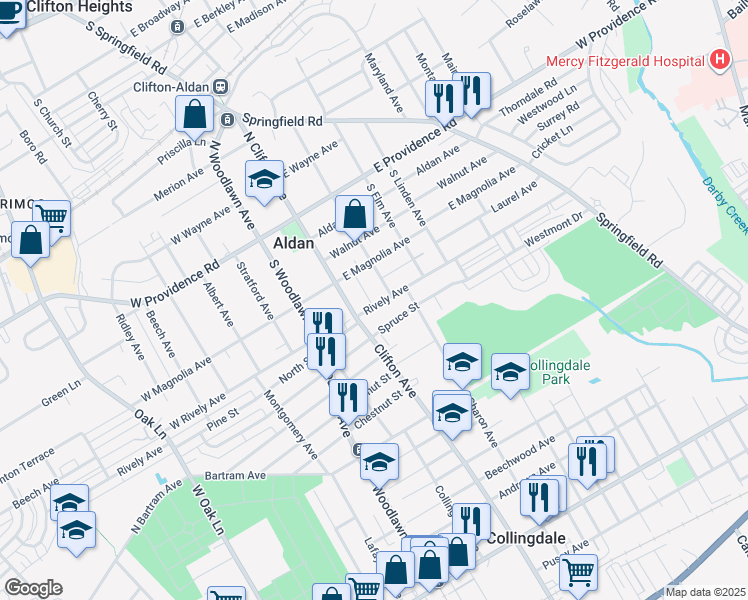 map of restaurants, bars, coffee shops, grocery stores, and more near 21 Rively Avenue in Aldan
