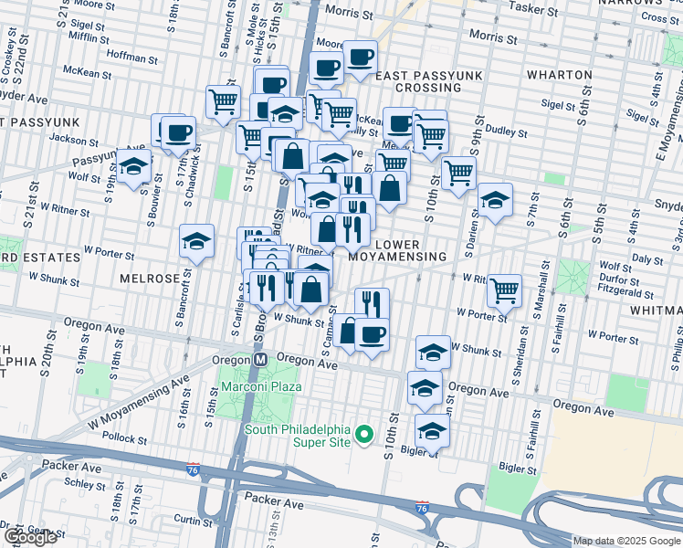 map of restaurants, bars, coffee shops, grocery stores, and more near 2427 South Camac Street in Philadelphia