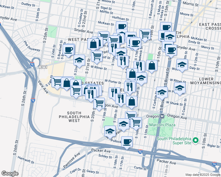 map of restaurants, bars, coffee shops, grocery stores, and more near 2523 South 19th Street in Philadelphia