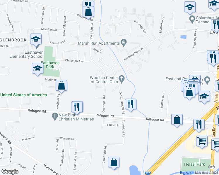map of restaurants, bars, coffee shops, grocery stores, and more near 3729 Francine Court in Columbus