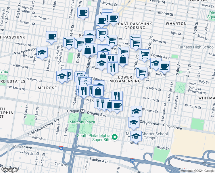 map of restaurants, bars, coffee shops, grocery stores, and more near 2427 South Camac Street in Philadelphia
