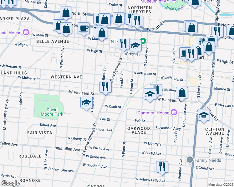 map of restaurants, bars, coffee shops, grocery stores, and more near 510 West Pleasant Street in Springfield