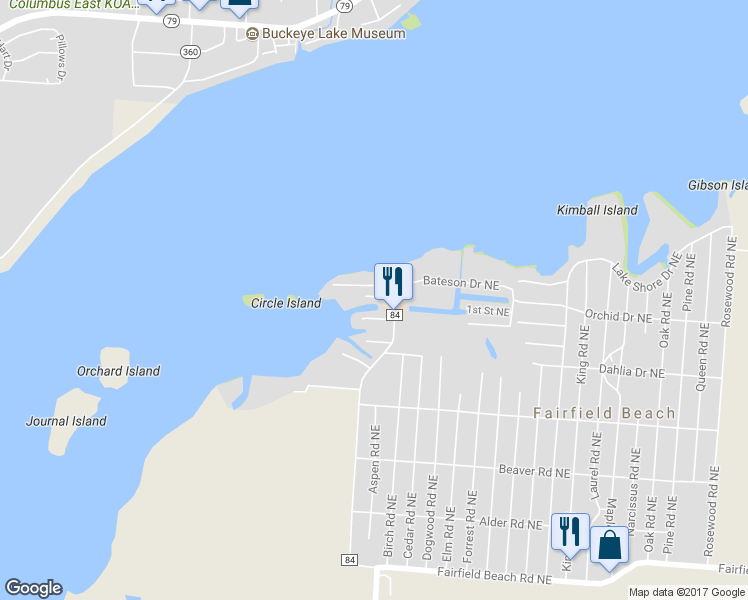 map of restaurants, bars, coffee shops, grocery stores, and more near 4947 Buckeye Avenue Northeast in Thornville