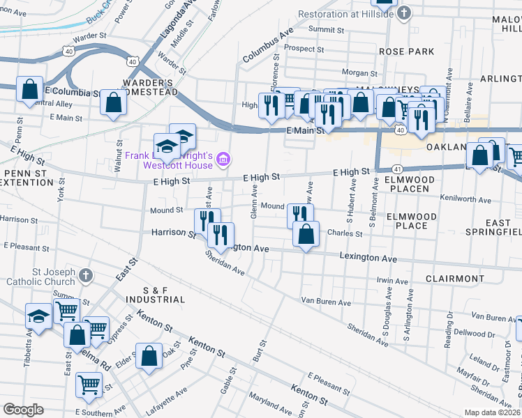 map of restaurants, bars, coffee shops, grocery stores, and more near 1505 Mound Street in Springfield