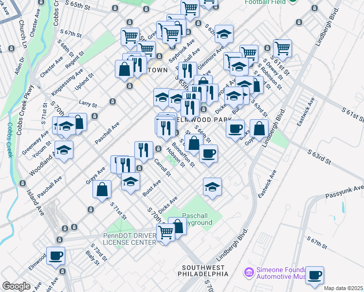 map of restaurants, bars, coffee shops, grocery stores, and more near 2534 South 67th Street in Philadelphia