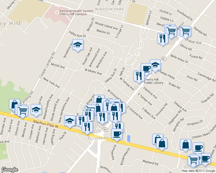 map of restaurants, bars, coffee shops, grocery stores, and more near 116 West Ormond Avenue in Cherry Hill