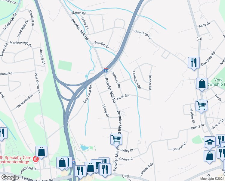 map of restaurants, bars, coffee shops, grocery stores, and more near 1835 Powder Mill Road in York