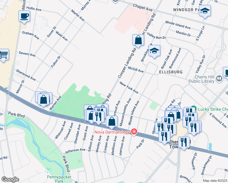 map of restaurants, bars, coffee shops, grocery stores, and more near 23 Cooper Landing Road in Cherry Hill Township