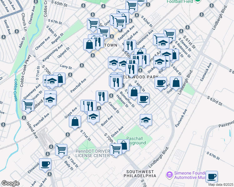 map of restaurants, bars, coffee shops, grocery stores, and more near 2515 South Hobson Street in Philadelphia