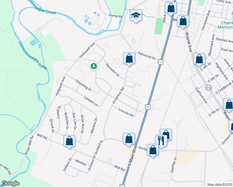 map of restaurants, bars, coffee shops, grocery stores, and more near 1093 Progress Road in Chambersburg