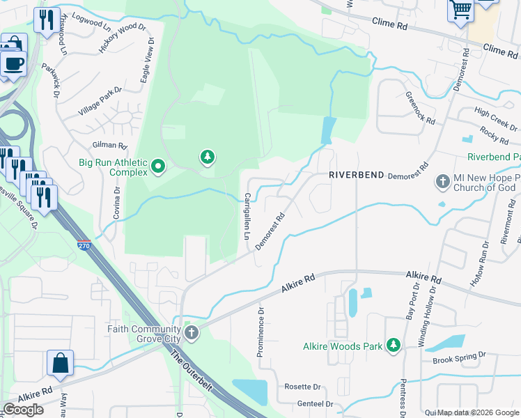 map of restaurants, bars, coffee shops, grocery stores, and more near 1661 Kildare Place in Columbus