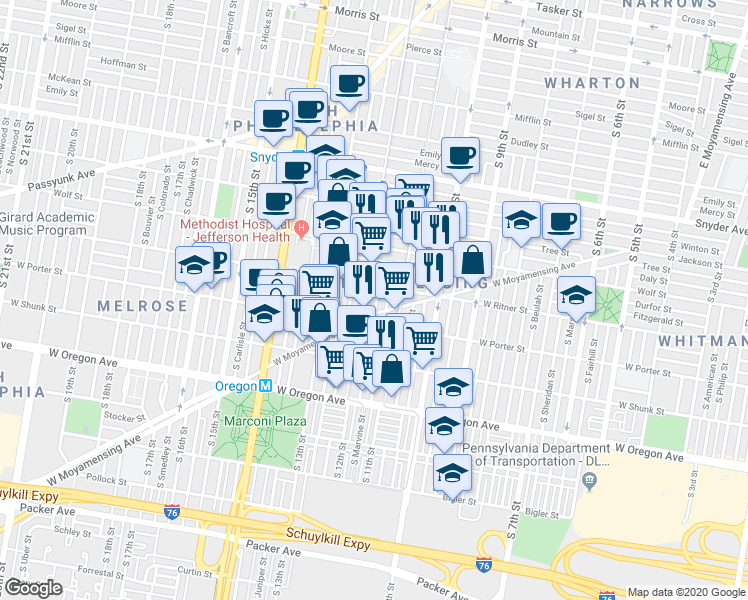 map of restaurants, bars, coffee shops, grocery stores, and more near 2418 South Sartain Street in Philadelphia