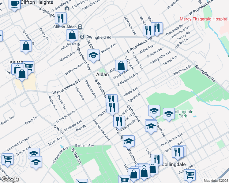 map of restaurants, bars, coffee shops, grocery stores, and more near 116 South Clifton Avenue in Aldan
