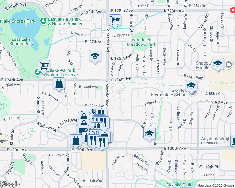 map of restaurants, bars, coffee shops, grocery stores, and more near 12282 Colorado Boulevard in Thornton