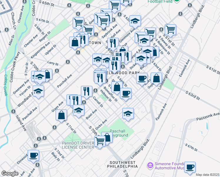 map of restaurants, bars, coffee shops, grocery stores, and more near 2534 South 67th Street in Philadelphia