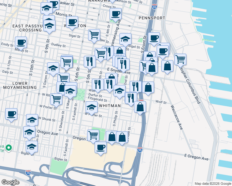 map of restaurants, bars, coffee shops, grocery stores, and more near 235 Wolf Street in Philadelphia