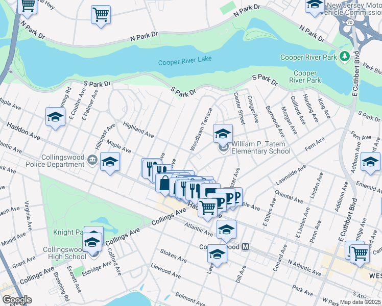 map of restaurants, bars, coffee shops, grocery stores, and more near Highland Avenue & Woodlawn Terrace in Collingswood